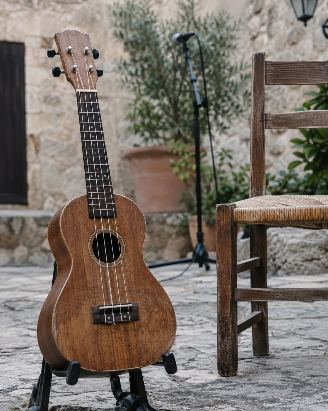Holzukulele auf einem Instrumentenständer neben einem Holzstuhl im mediterranen Innenhof