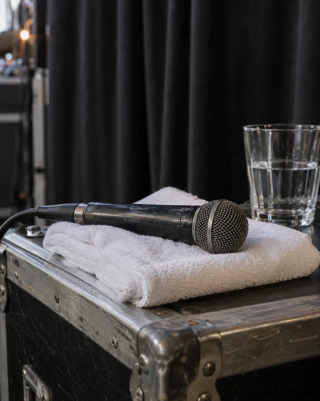 Mikrofon auf einem Handtuch neben einem Wasserglas im Backstage-Bereich