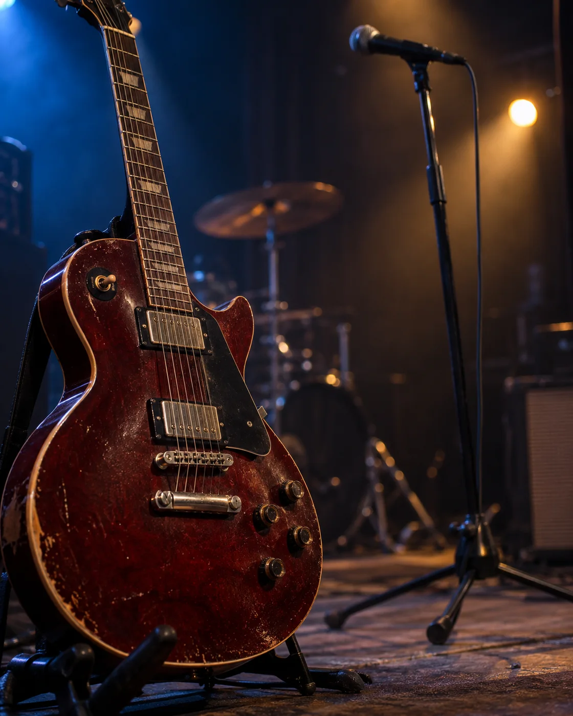 E-Gitarre und Mikrofonständer im blauen und warmen Bühnenlicht
